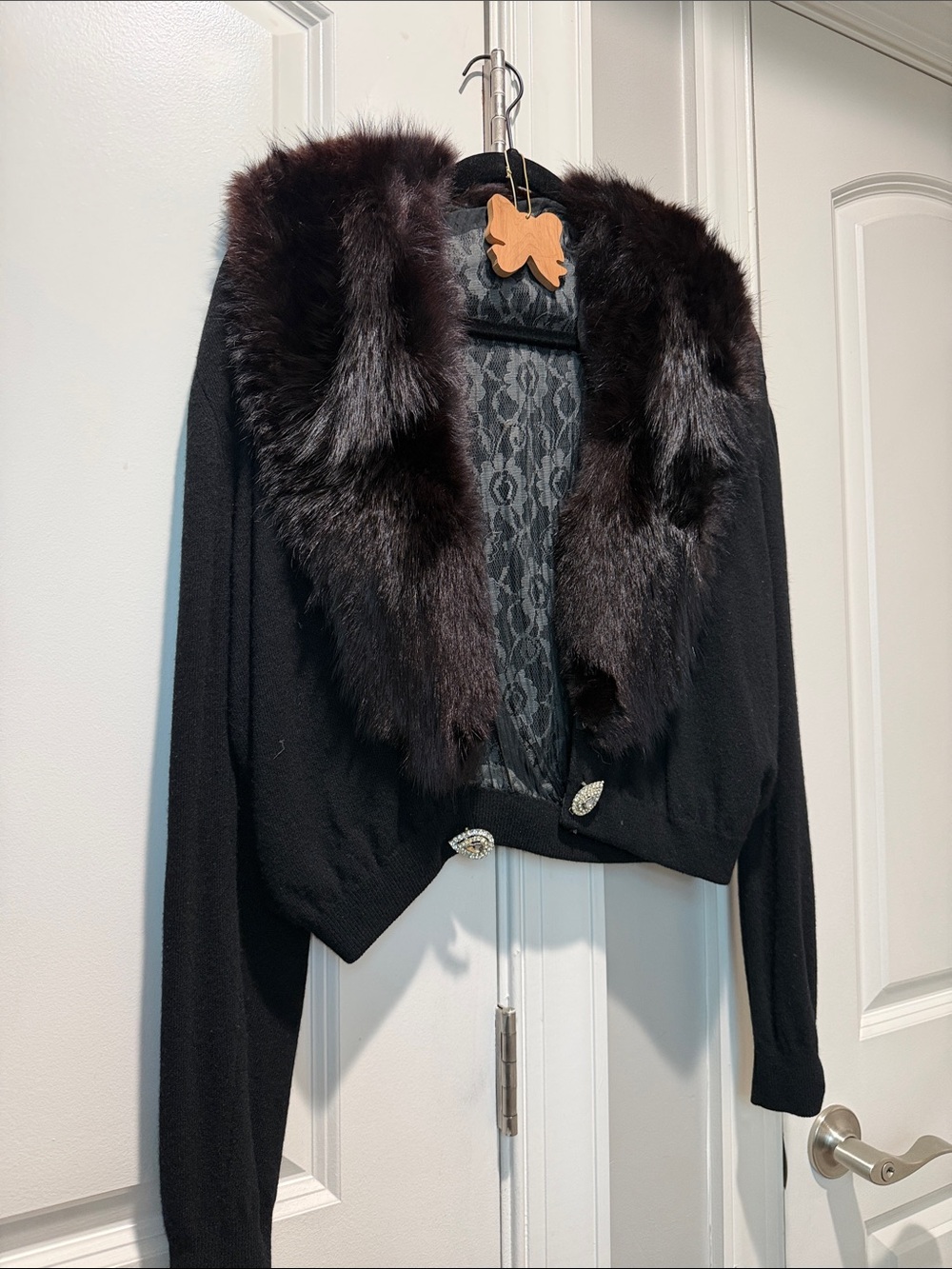 Vintage Black Mink Fur Collar Women's Sweater